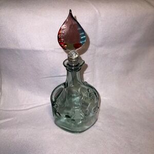 Vtg. Canada Pale Green Glass Decanter Bottle-3D Design Decor w/decorative stop